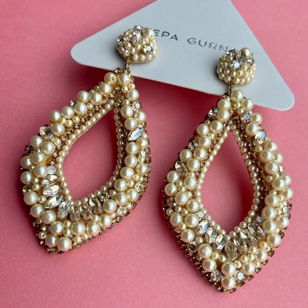 Deepa Gurnani Pearl & Rhinestone Statement Chandelier Earrings Ivory NWT - Picture 1 of 14